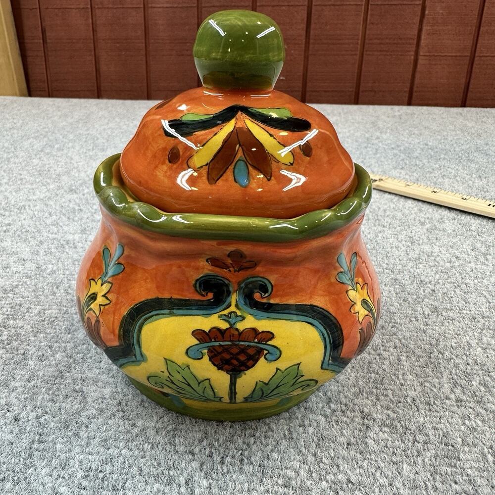 Talavera Ceramic Lidded Canister Hand Painted Orange Green Floral Pottery Jar - Picture 7 of 10